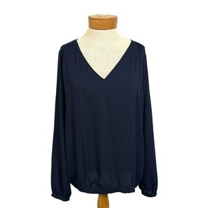 🆕 LOFT Navy V-Neck Blouse Pleated Shoulder NWT